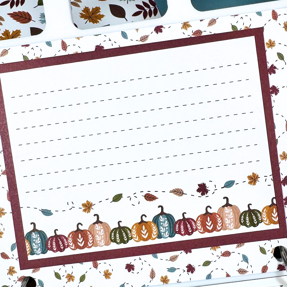 Sweater Weather Fall Scrapbook Album page with leaves, pumpkins, and a lined journaling card
