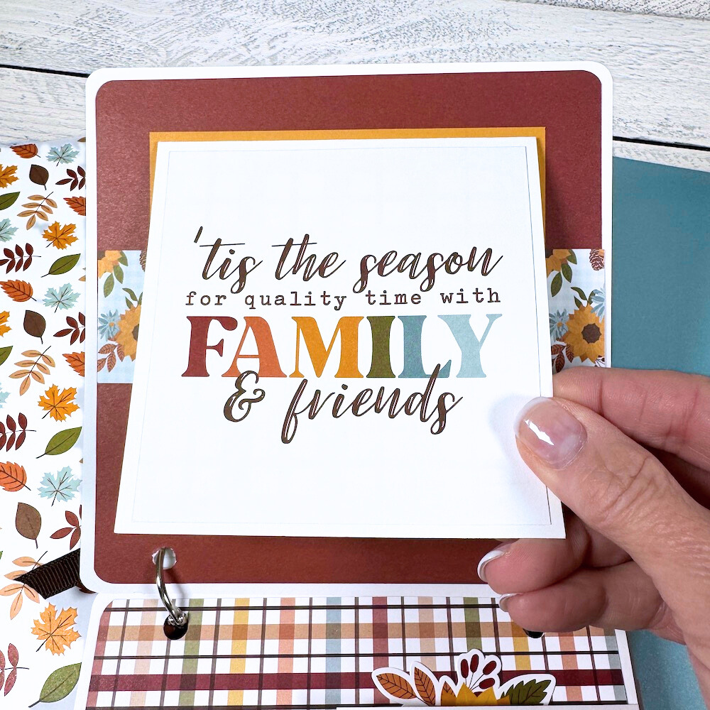 Sweater Weather Fall Scrapbook Album page with a folding card, flowers, and a pretty plaid paper