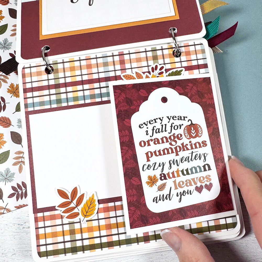 Sweater Weather Fall Scrapbook Album page with a folding card, leaves, and a pretty plaid paper
