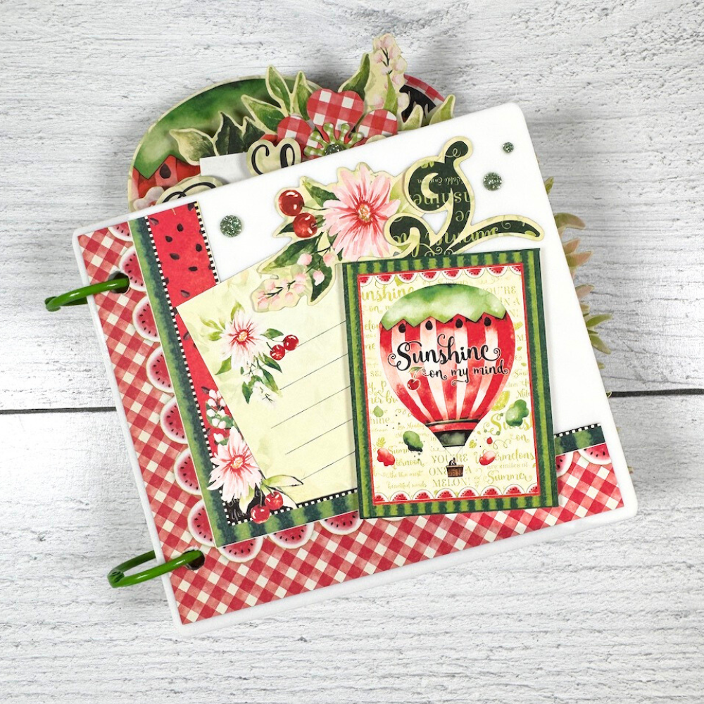 Summer Scrapbook Album with a watermelon, hot air balloon, and flowers