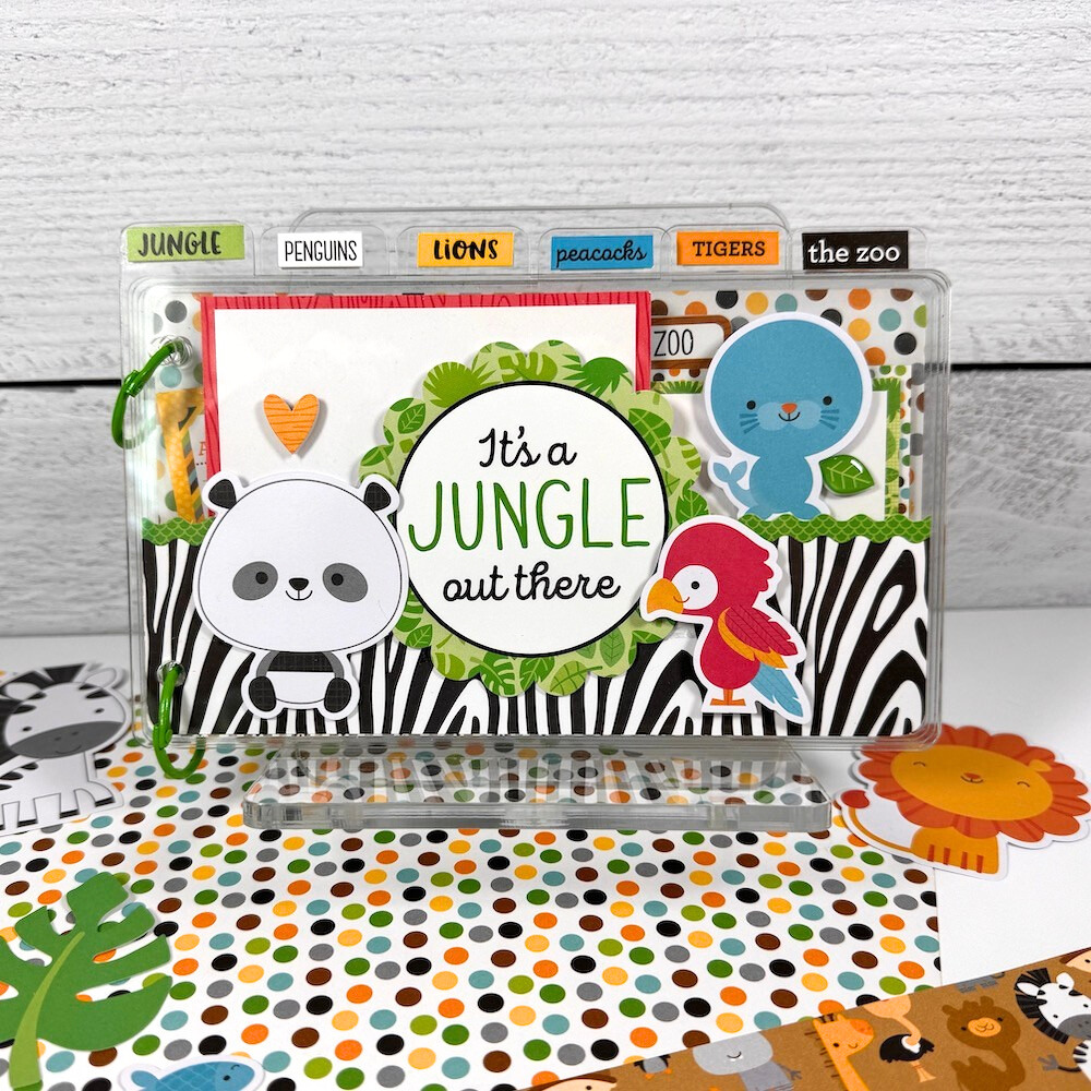 Jungle Zoo Scrapbook Acrylic Mini Album with lots of cute animal and prints