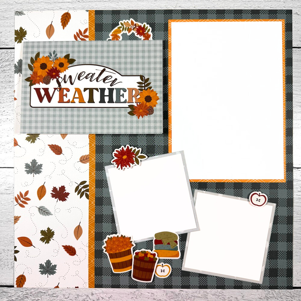12x12  Sweater Weather Fall Scrapbook Page Layout with leaves, flowers, and autumn colors