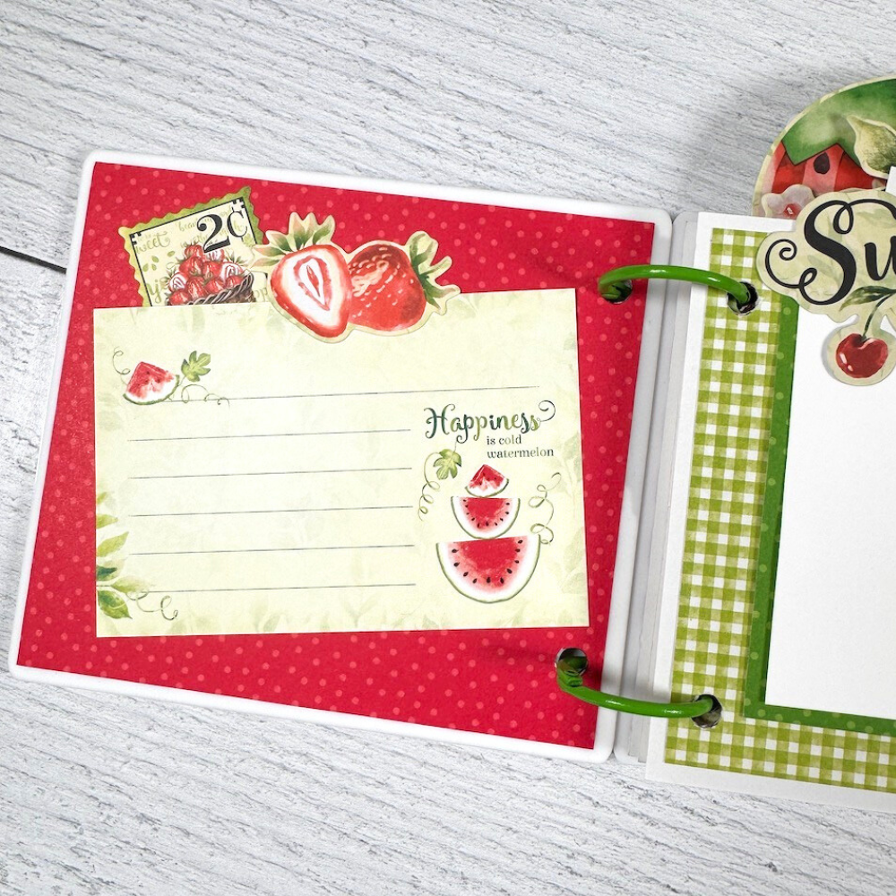 Summer Scrapbook Album page with strawberries, a stamp, and a watermelon journaling card