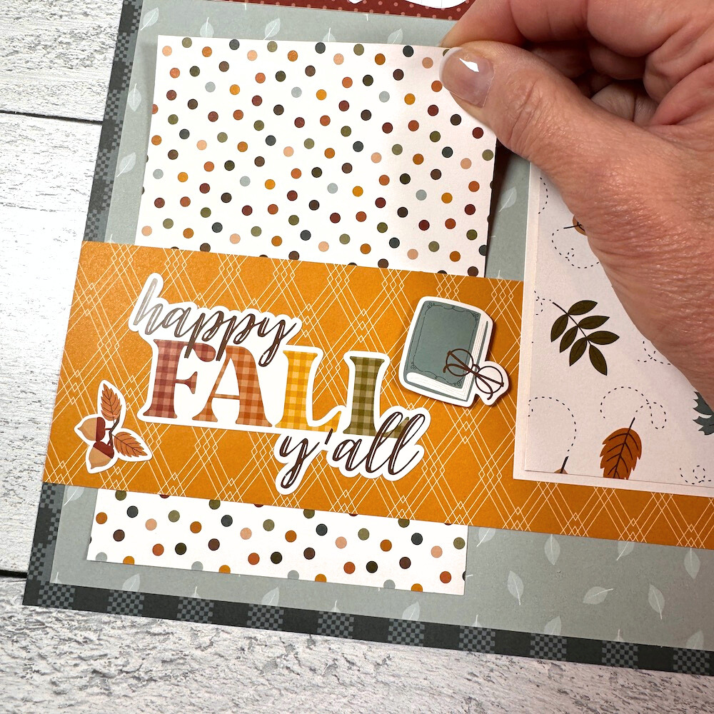 12x12  Sweater Weather Fall Scrapbook Page Layout with autumn colors, leaves, polka dots, and a pocket
