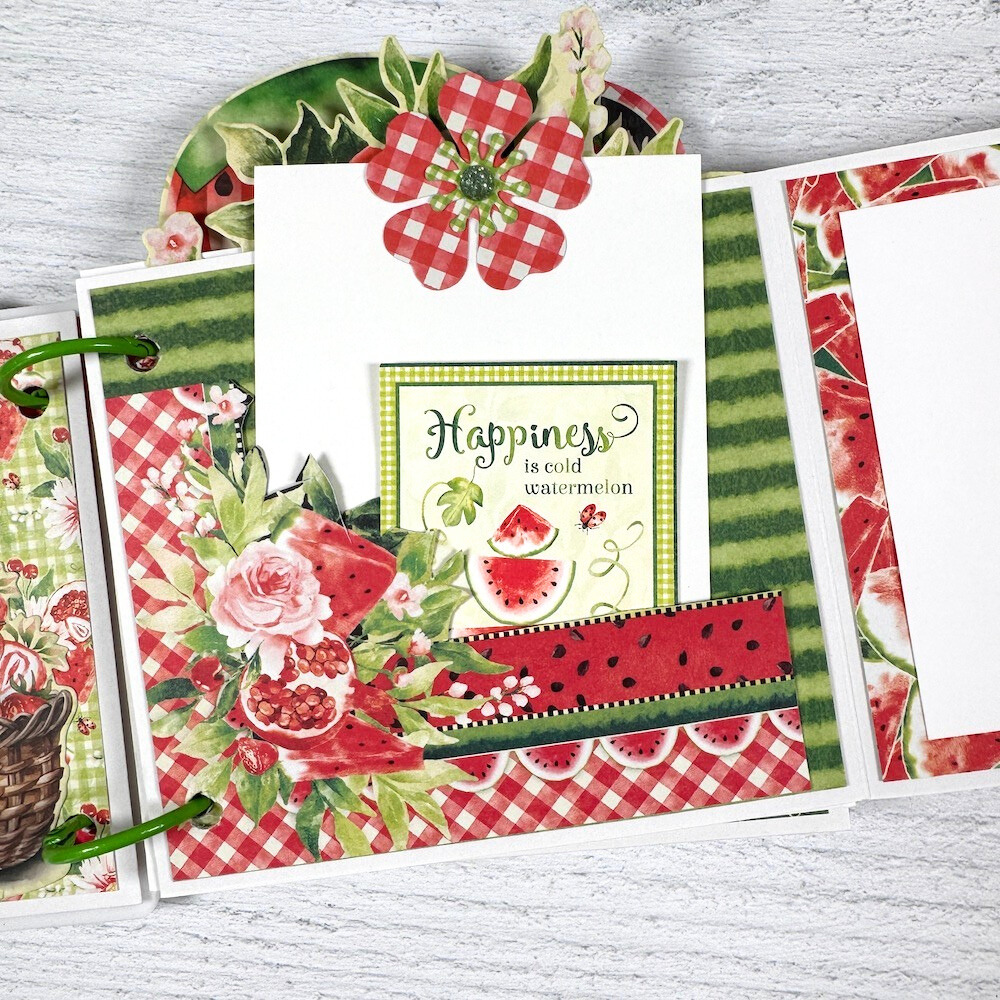 Summer Scrapbook Album page with watermelon, flowers, a pocket, and journaling cards