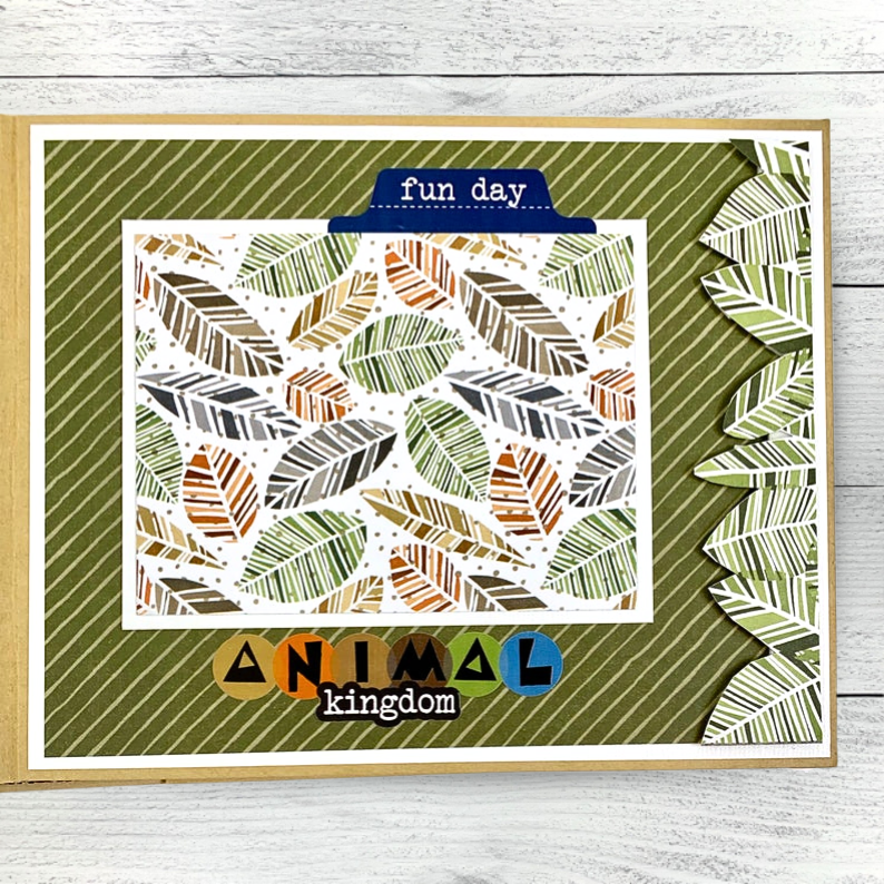 Fun Day at the Zoo Scrapbook Album Page with tropical leaves, stripes, and a jungle theme