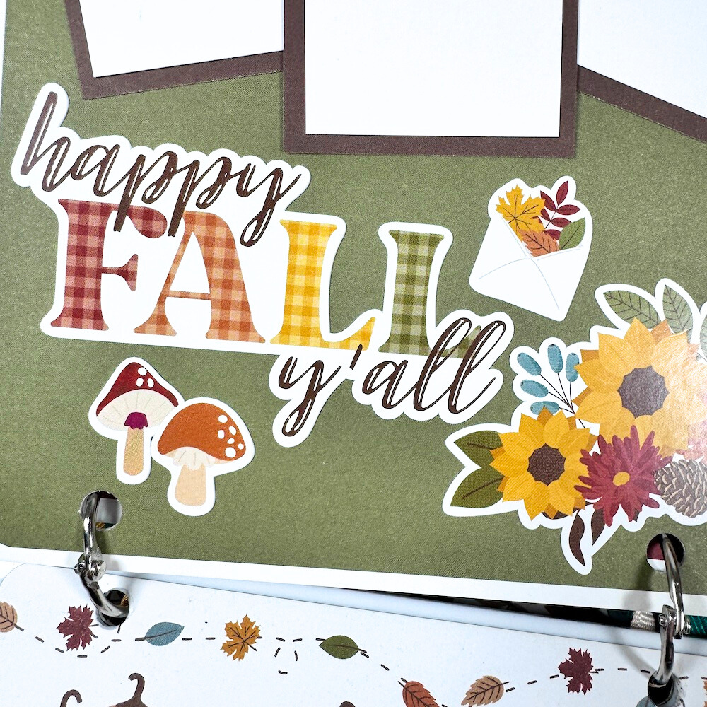 Sweater Weather Fall Scrapbook Album page with pretty flowers, leaves, and mushrooms