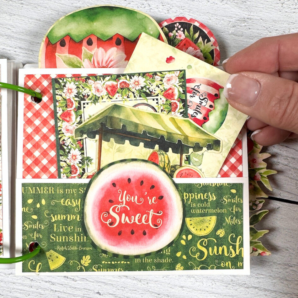 Summer Scrapbook Album page with watermelon, flowers, a pocket, and journaling cards