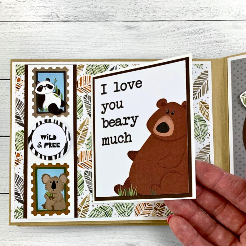 Fun Day at the Zoo Scrapbook Album Page with a folding card, a panda, a bear, a koala, tropical leaves, and a jungle theme