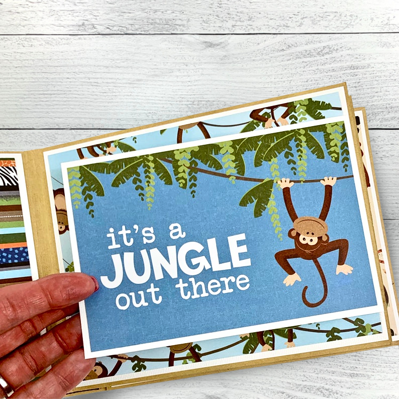 Fun Day at the Zoo Scrapbook Album Page with a folding card, monkeys, tropical leaves, and a jungle theme