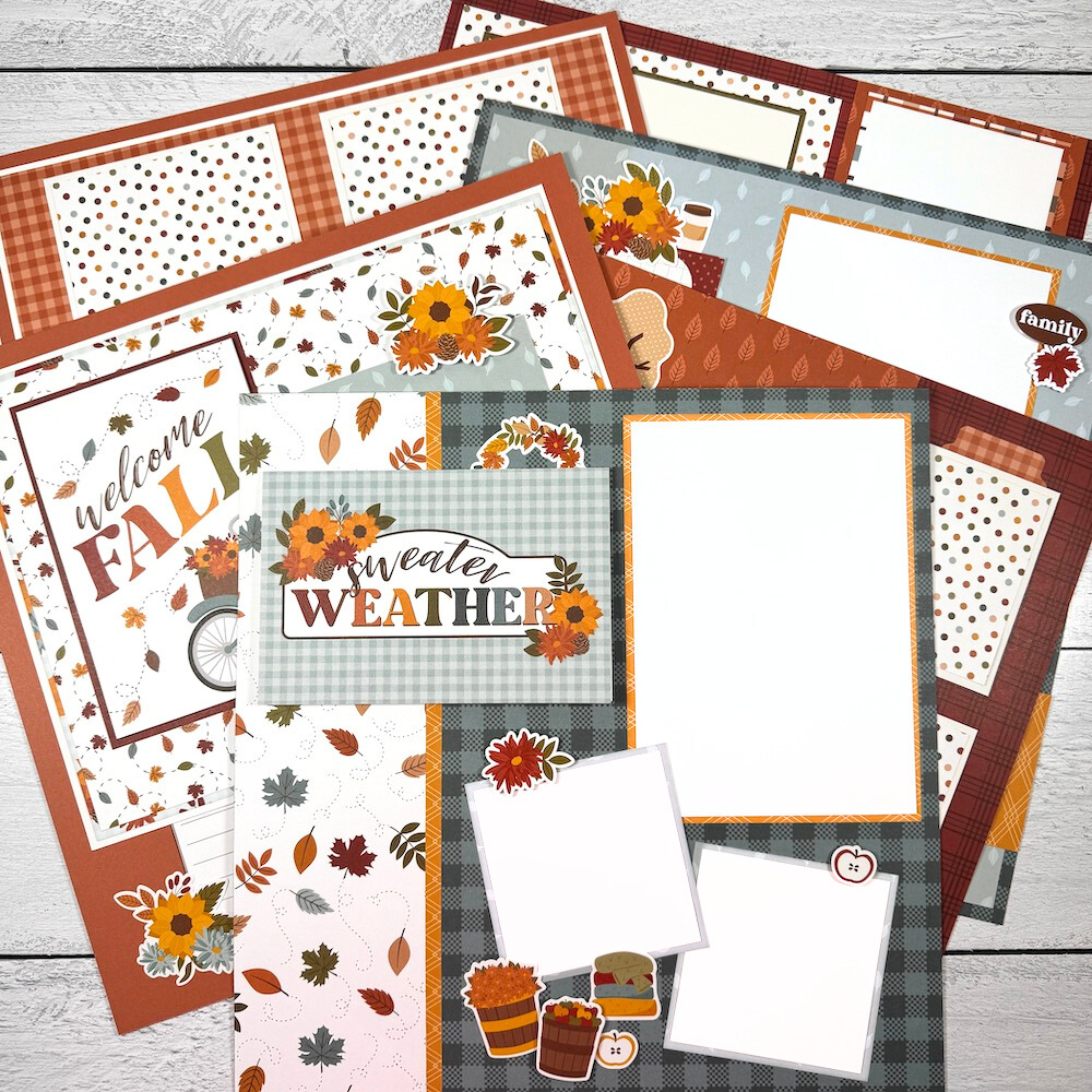 12x12  Sweater Weather Fall Scrapbook Page Layouts with leaves, flowers, and autumn colors