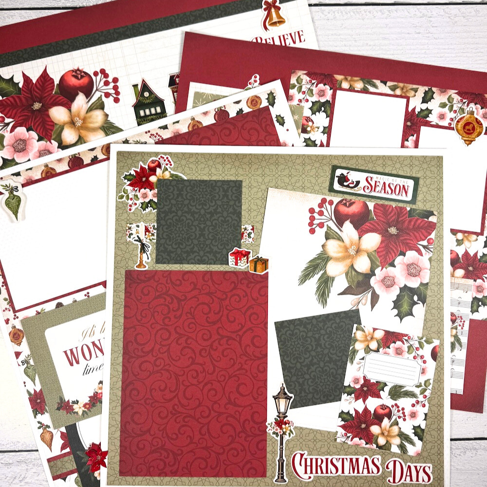 Christmas Days Scrapbook Page Layouts with poinsettia flowers, ornaments, Santa Claus, holly berries, gifts, sheet music, and traditional holiday colors