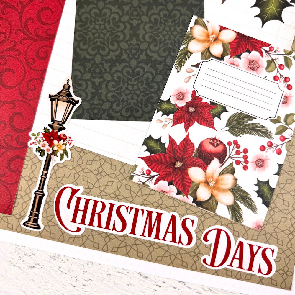 Christmas Days Scrapbook Page Layout with poinsettia flowers, holly berries, a lantern, and traditional holiday colors
