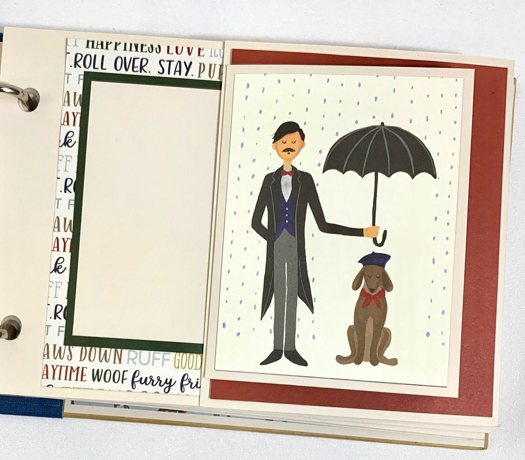 My Furry Friend Dog Scrapbook Album page with a man, an umbrella, and a cute dog wearing a hat