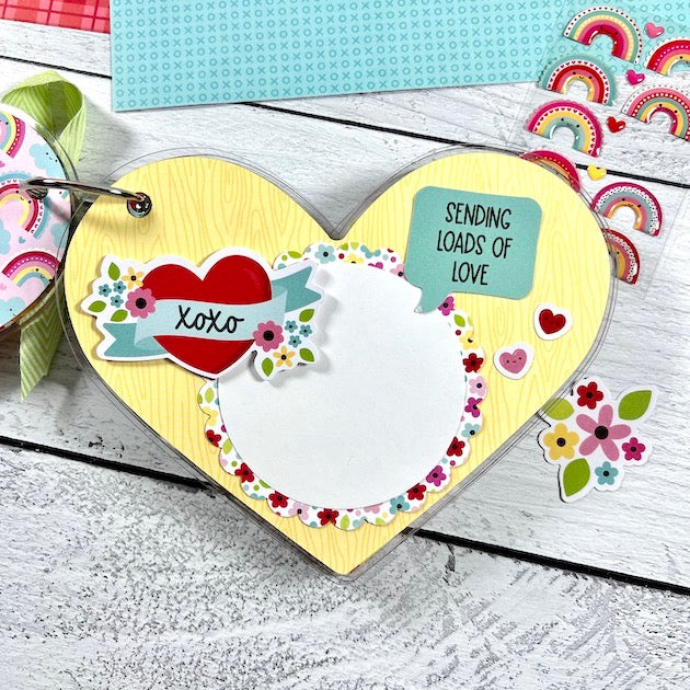 Lots of Love heart shaped acrylic mini album page with a heart and flowers