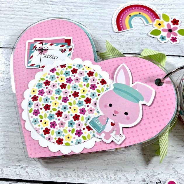 Lots of Love heart shaped acrylic mini album page with a pink rabbit, love letters, and flowers