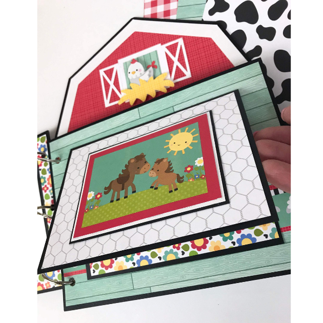 Barn shaped farm scrapbook album with horse flip up card