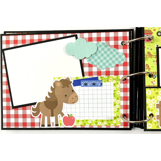 Barn shaped farm scrapbook album page with horse