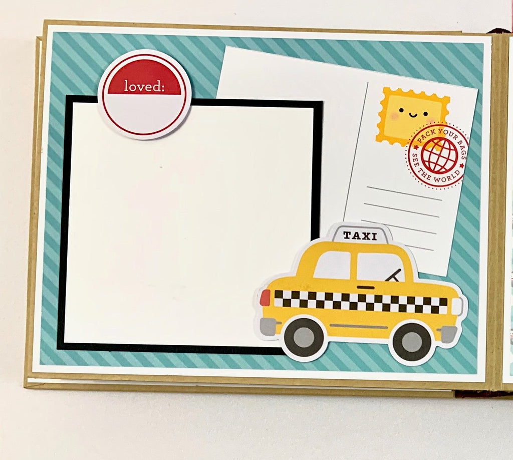 Vacation Memories Travel scrapbook album page with stamp and taxi cab