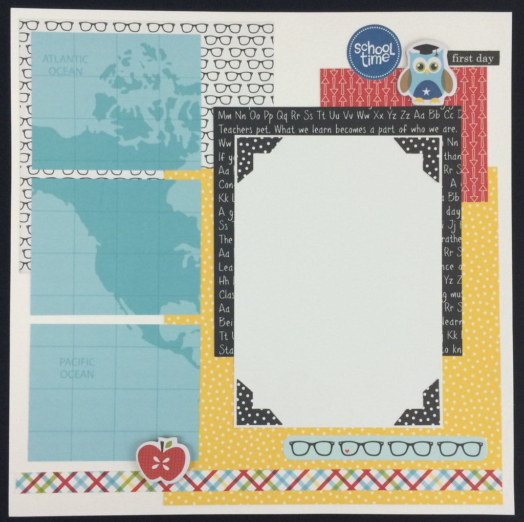 School 12x12 Scrapbook Layout with  a map, glasses, an apple, and an owl