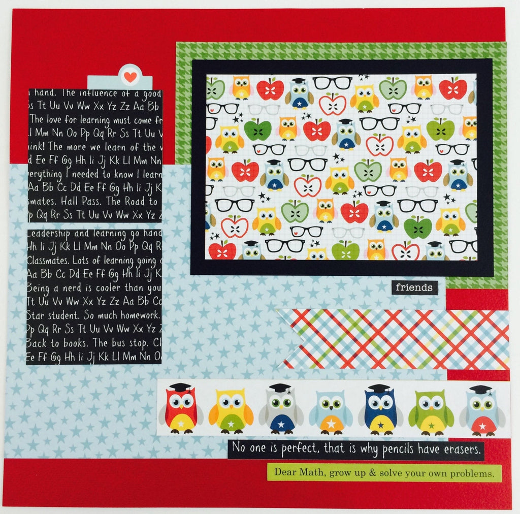School 12x12 Scrapbook Layout with owls, glasses, apples, and chalkboard paper
