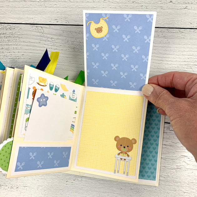 baby boy scrapbook mini album page with flip up card and baby bear