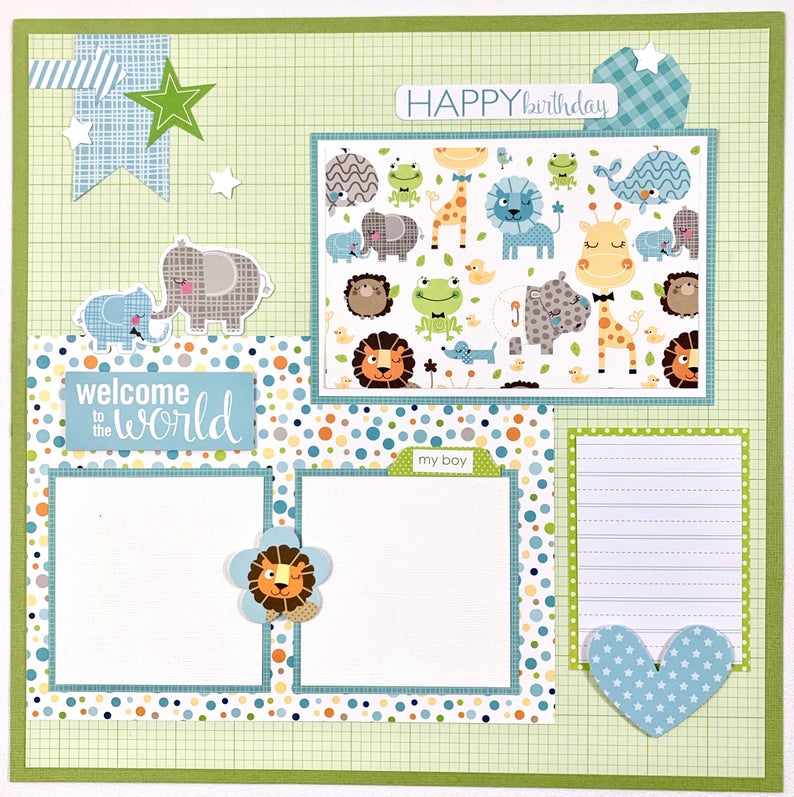12x12 Cute Baby Boy Scrapbook Layouts with animals and polka dots