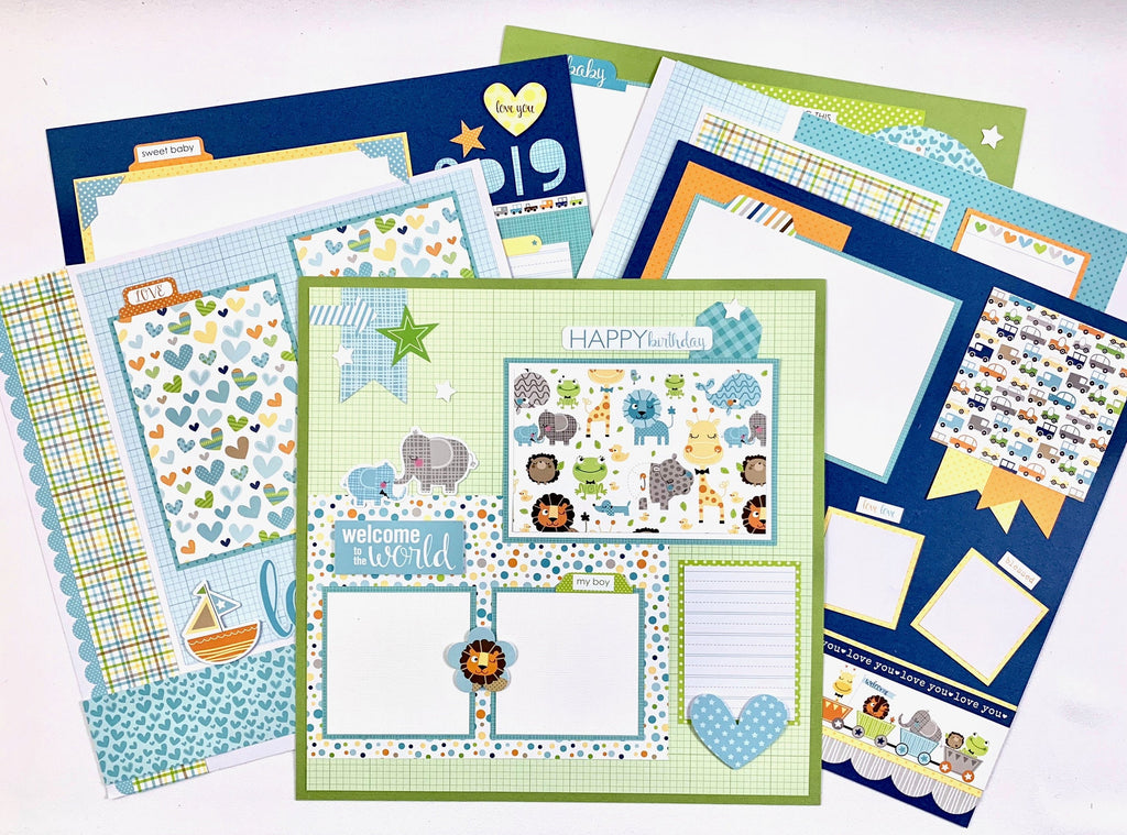 12x12 Cute Baby Boy Scrapbook Layouts with animals, hearts, trucks, and cars