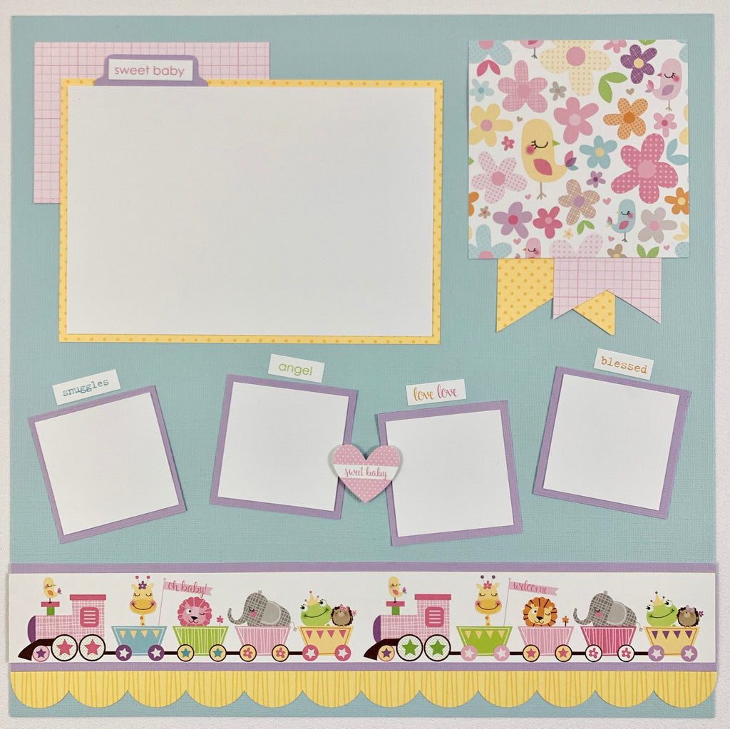 12x12 baby girl scrapbook layouts with cute animals in a train and flowers