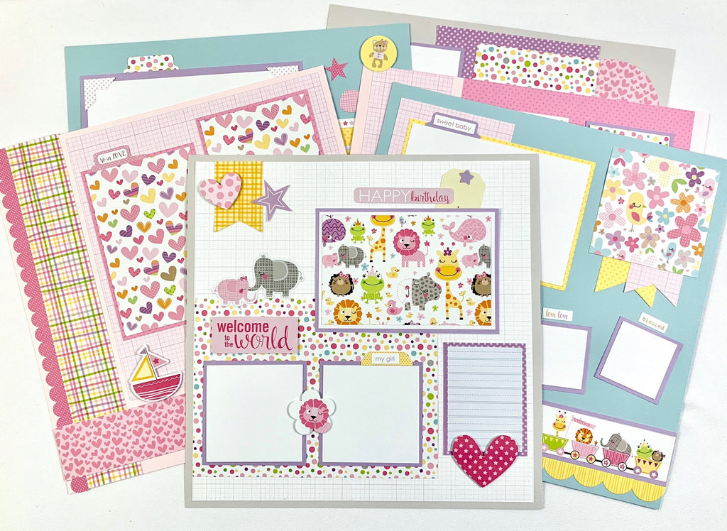 12x12 baby girl scrapbook layouts with cute animals, hearts, and flowers
