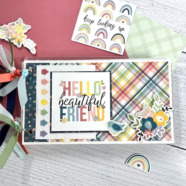 Hello Beautiful Friend Scrapbook Album with pretty plaid paper, flowers, & a bird