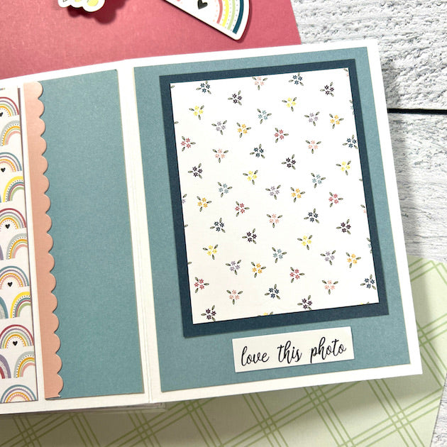 Hello Beautiful Friend Scrapbook Album Page with rainbows, scalloped edge, & little flowers 