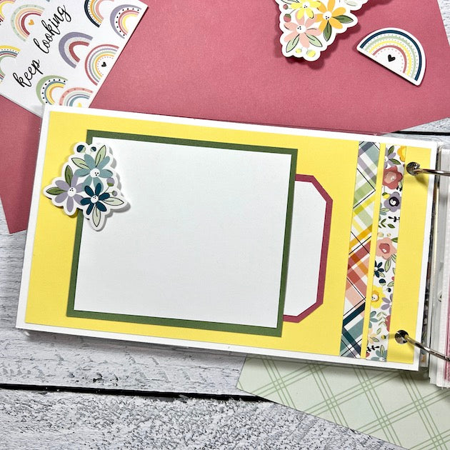 Hello Beautiful Friend Scrapbook Album Page with flowers and a pocket with a tag