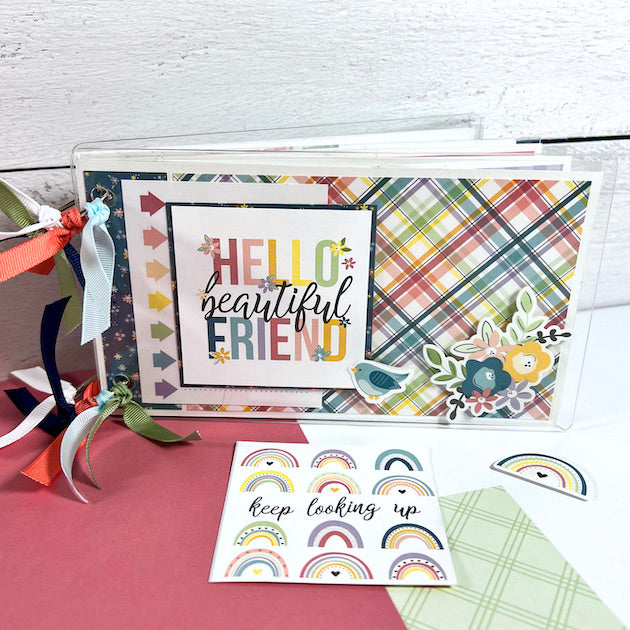Hello Beautiful Friend Scrapbook Album with rainbow plaid paper, flowers, & a bird
