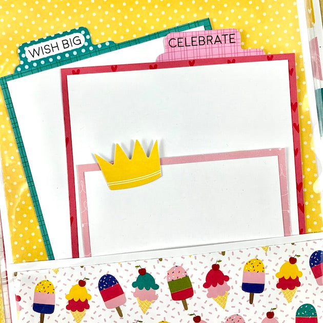 Birthday scrapbook album page with ice cream, a pocket, and photo mats