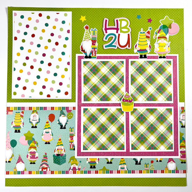 12x12 birthday scrapbook page layout with gnomes