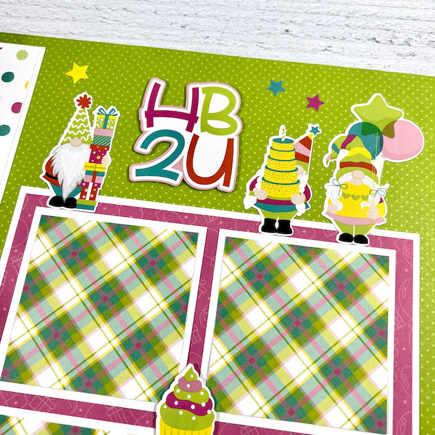 12x12 birthday scrapbook page layout with gnomes