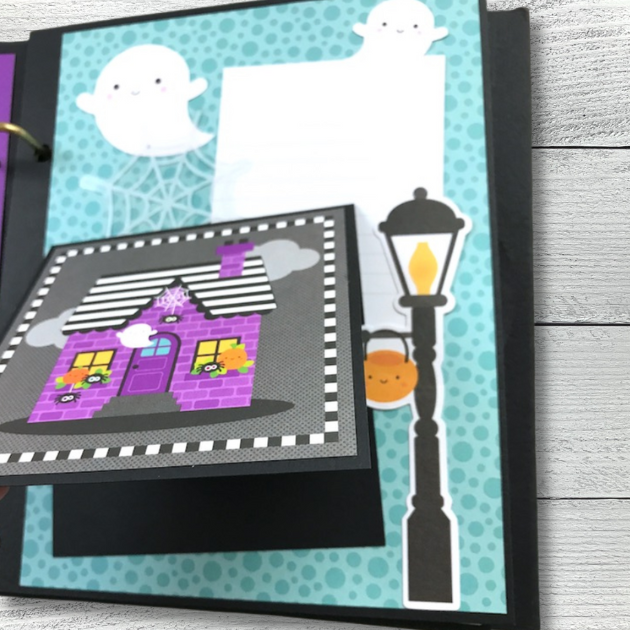 Halloween Booville Scrapbook Album page with purple haunted house card