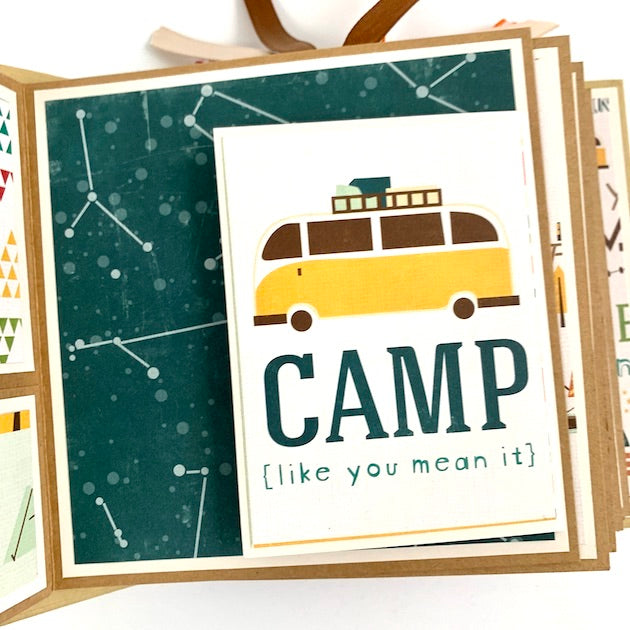 happy camper scrapbook mini album page with folding card and camper