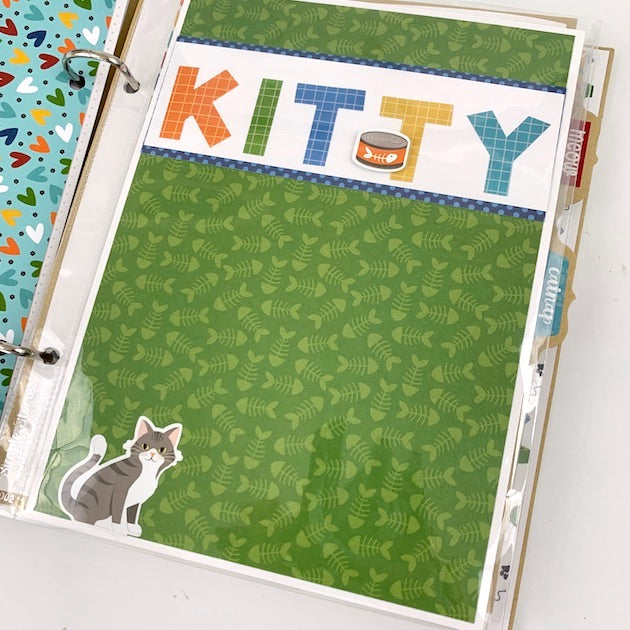 Cat Lover Scrapbook Album Page with grey kitty and can of tuna sticker