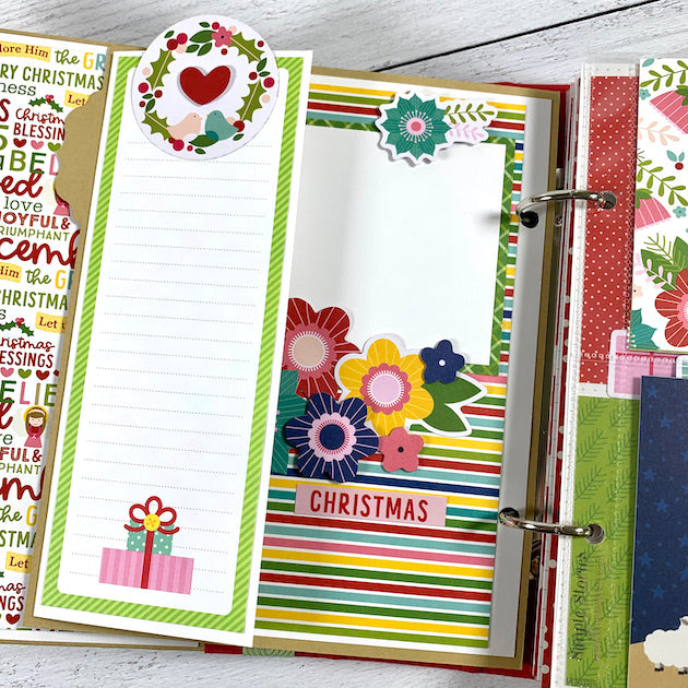 Christmas Blessings Scrapbook with journaling card, presents, and flowers