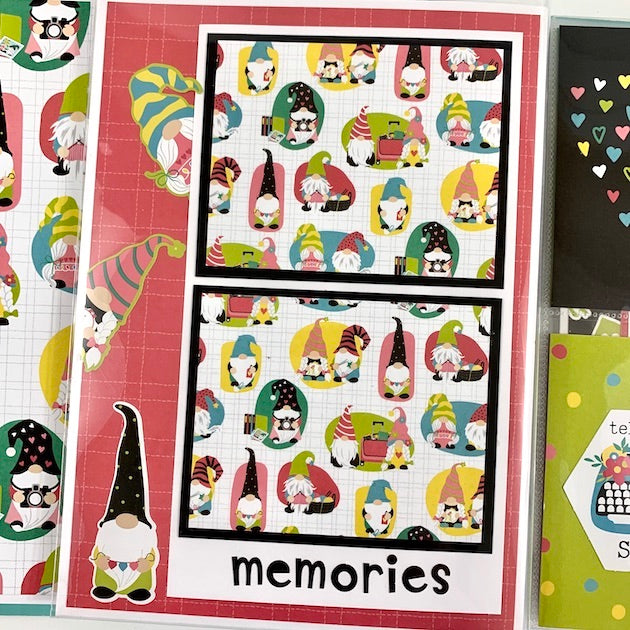 crafting scrapbook album page with gnomes