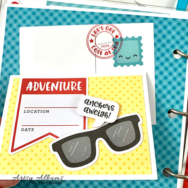 Bon Voyage Cruise Scrapbook Album page with stamps, sunglasses, and a journaling spot