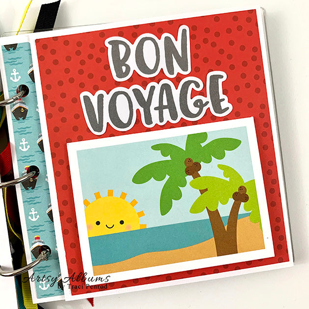 Bon Voyage Cruise Scrapbook Album page with ships, a beach scene, palm trees, and a sun