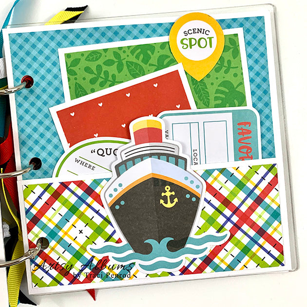 Cruise Scrapbook Album page with a ship, a colorful plaid pocket, and journaling cards