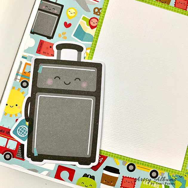 Road Trip Scrapbook Album page with a suitcase, a map, sun, bus, tickets, and cute travel icons