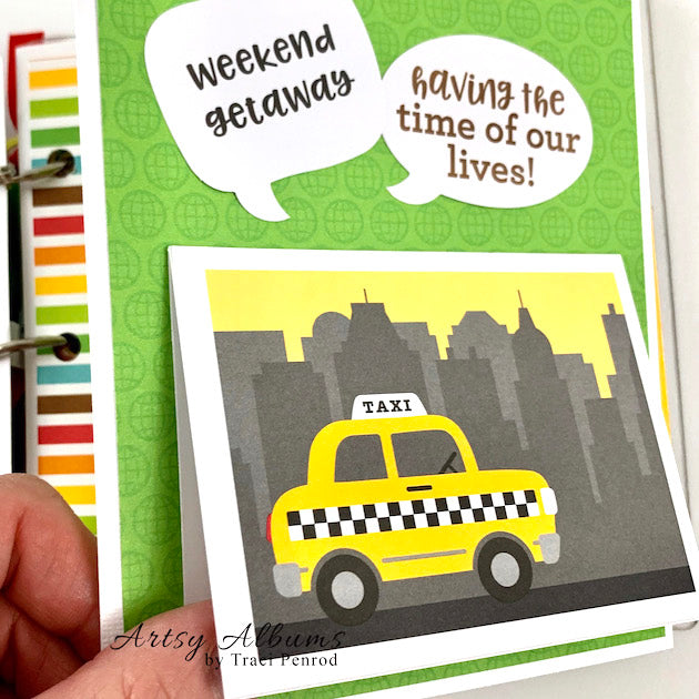 Travel Road Trip Scrapbook Album page with a taxi cab, city skyline, and globes