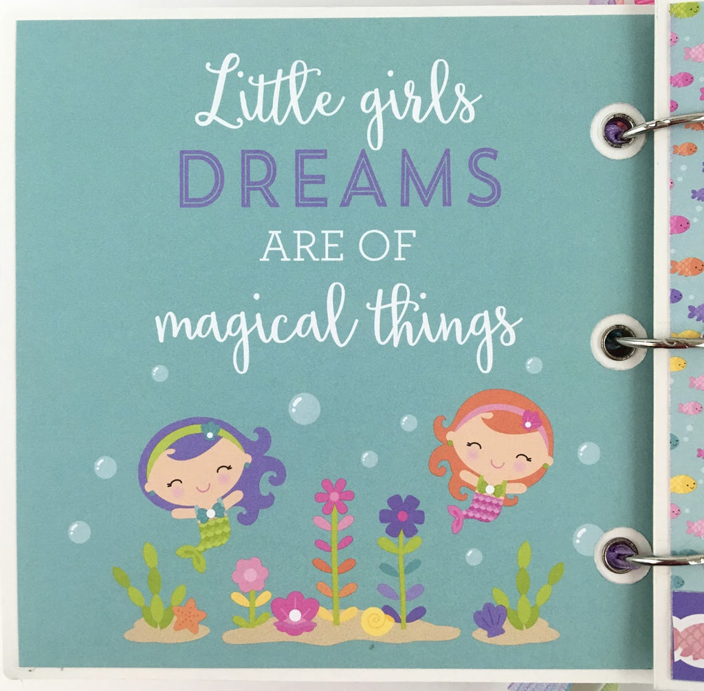 Our Little Mermaid scrapbook album page with cute mermaids, bubbles, flowers, and seashells
