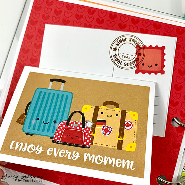 Travel Camping Scrapbook Album page with luggage, stamps, hearts, and a folding card