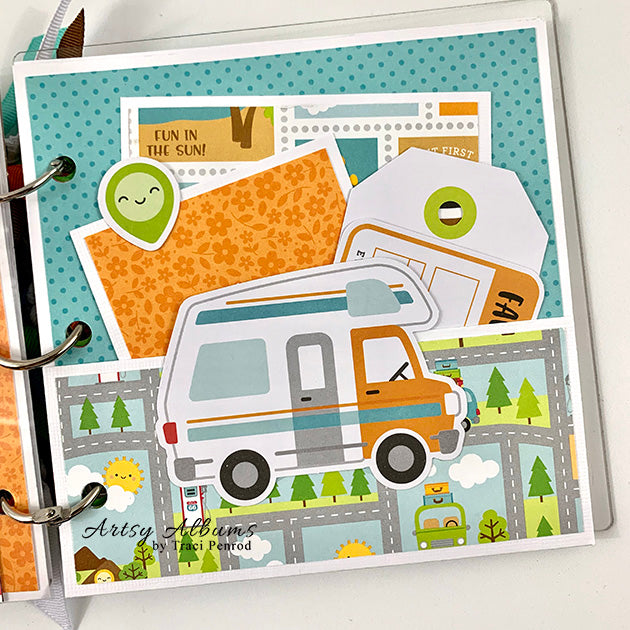 Travel Camping Scrapbook Album page with an RV camper, map, a pocket, and fun journaling cards